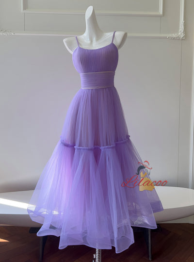 Purple Tulle Straps Pleats Prom Dress