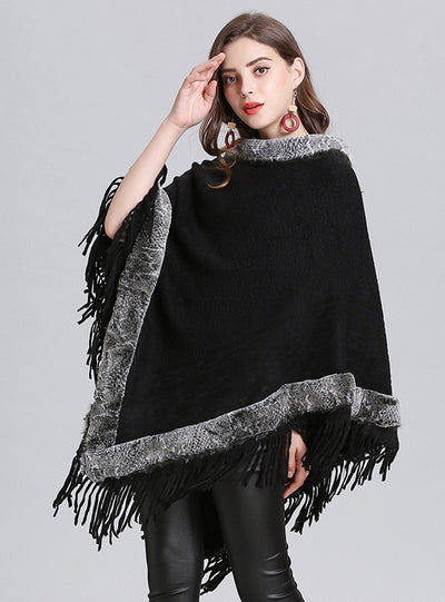 Loose Fringed Round Neck Cloak Shawl