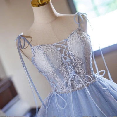 Blue Tulle Lace Straps Homecoming Dress