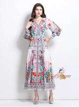 V-neck Lantern Sleeve Button Printed Dress