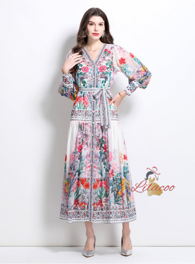 V-neck Lantern Sleeve Button Printed Dress