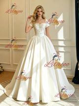 Ivory Satin Short Sleeve Beading Wedding Dress