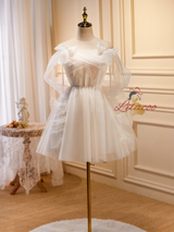 White Tulle Pearls Homecoming Dress