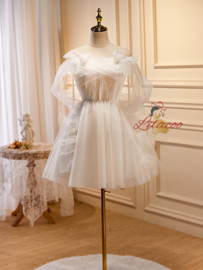 White Tulle Pearls Homecoming Dress