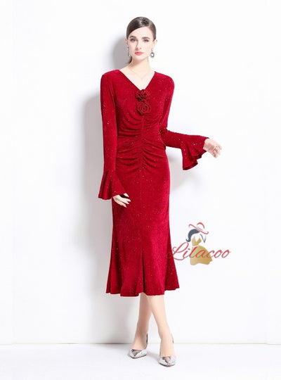 Three-dimensional Flower V-neck Trumpet Sleeve Dress