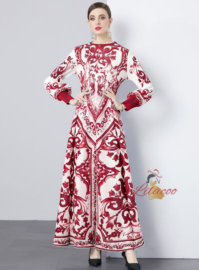 Ethnic Blue and White Porcelain Printed Pleated Dress
