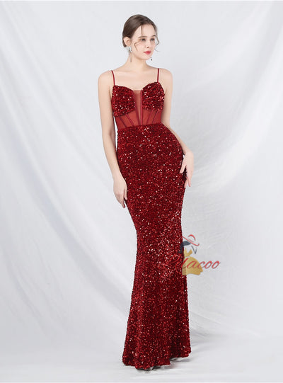 Mermaid Sequins Spaghetti Straps Split Sequins Prom Dress