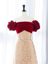 Champagne Sequins Off the Shoulder Prom Dress