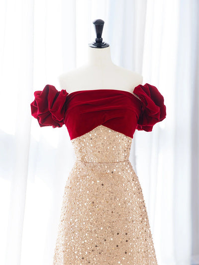 Champagne Sequins Off the Shoulder Prom Dress