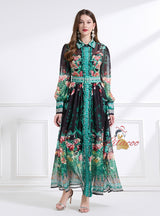 Bow Short Lapel Long Sleeve Printed Dress