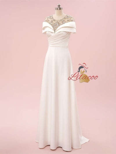 White Scoop Crystal Cap Sleeve Pleats Prom Dress