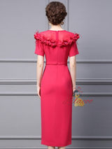Fuchsia Short Sleeve 3D Flower Mother Of The Bride Dress