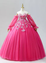 Fuchsia Long Sleeve Sequins Appliques Prom Dress