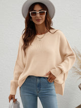 Round Neck Knitted Loose Split Pullover Sweater