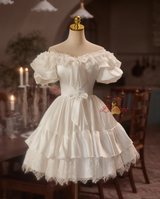 White Satin Lace Short Sleeve Homecoming Dress