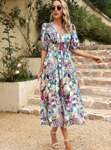 Silm Waist V-neck Printed Long Dress