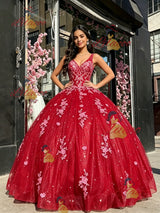 Red V-neck Tulle Appliques Quinceanera Dress
