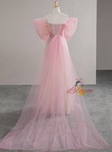 Pink Tulle Bow Beading Prom Dress