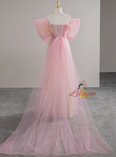 Pink Tulle Bow Beading Prom Dress