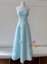Blue Spaghetti Straps 3D Flower Prom Dress