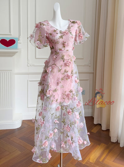 Sexy V-neck Organza Lace Dress