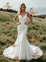 White Mermaid Lace Spaghetti Straps Wedding Dress