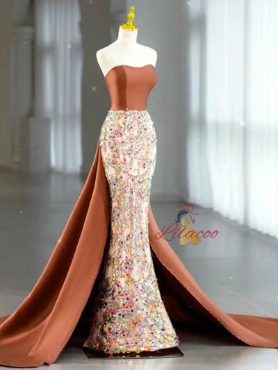 Brown Mermaid Strapless Sequins Satin Prom Dress