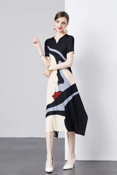 V-neck Summer Short-sleeved Pleated Dress