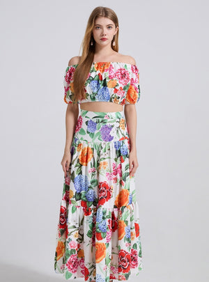 Off the Shoulder Puff Sleeve Top+Slim Skirt Two-piece