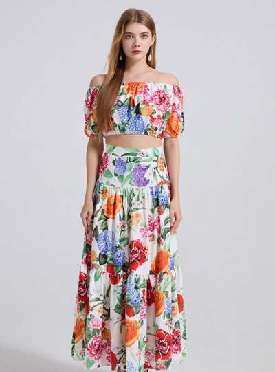 Off the Shoulder Puff Sleeve Top+Slim Skirt Two-piece