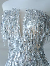 Silver Mermaid Sequins Strapless Prom Dress