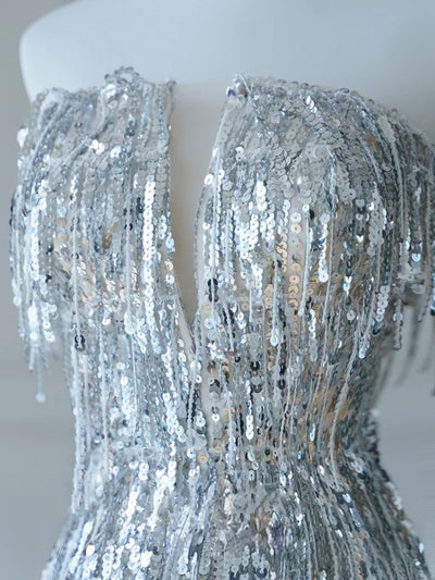 Silver Mermaid Sequins Strapless Prom Dress