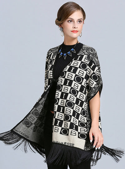 Loose Jacquard Fringed Knit Cardigan Shawl