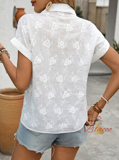Women's Lapel Cotton Embroidered Shirt