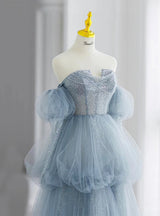 Blue Tulle Sequins Long Sleeve Prom Dress
