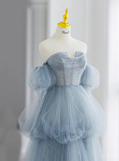 Blue Tulle Sequins Long Sleeve Prom Dress