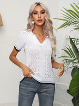 Hollow Striped Lapel Short-sleeved Sweater Top