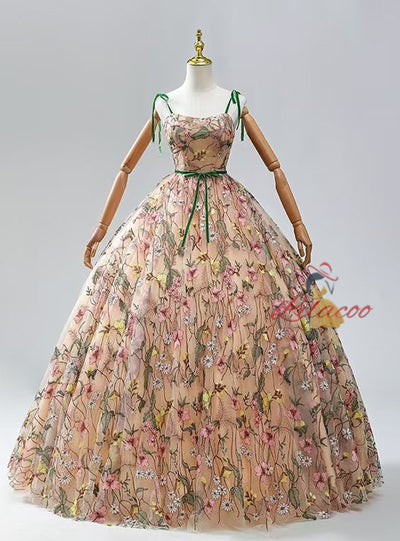 Champagne Long Sleeve Embroidery Prom Dress