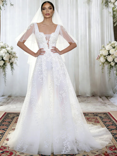 White Tulle Straps Appliques Wedding Dress