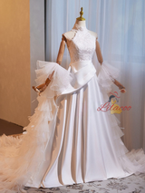 White Satin Lace High Neck Sleeveless Wedding Dress