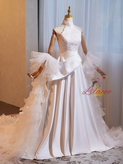 White Satin Lace High Neck Sleeveless Wedding Dress