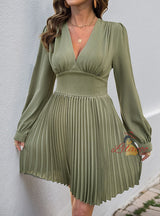 Retro V-neck Long Sleeve Pleated Dress