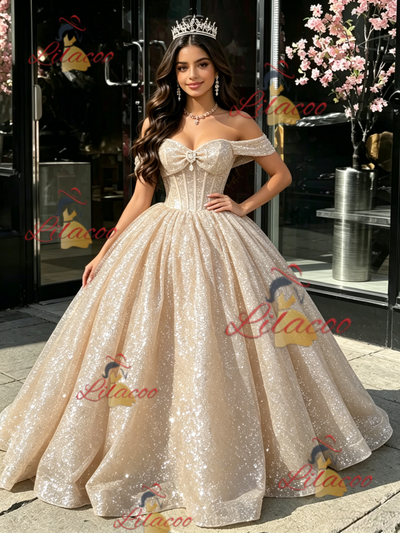 Champagne Sequins Off the Shoulder Quinceanera Dress