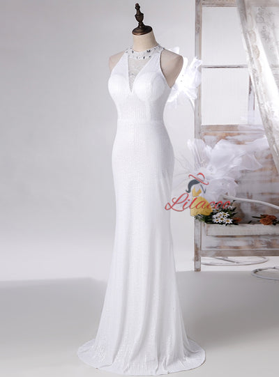 White Mermaid Sequins Beading Prom Dress