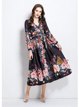 V-neck Lantern Sleeve Printed Dress