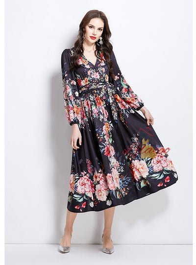 V-neck Lantern Sleeve Printed Dress