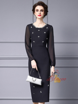 Black Long Sleeve Crystal Mother Of The Bride Dress