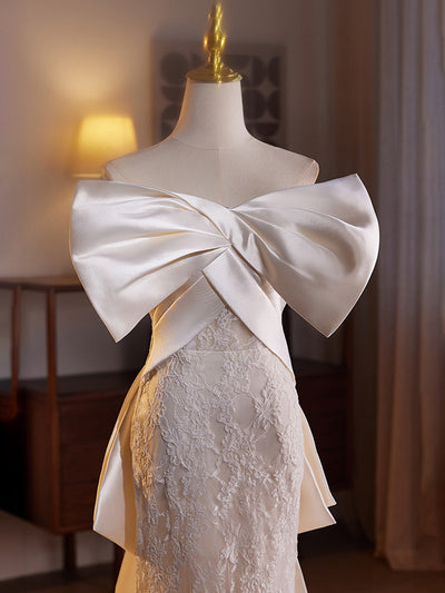 Ivory Mermaid Lace Satin Bow Wedding Dress