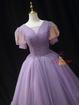 Purple Tulle Puff Sleeve Beading Homecoming Dress