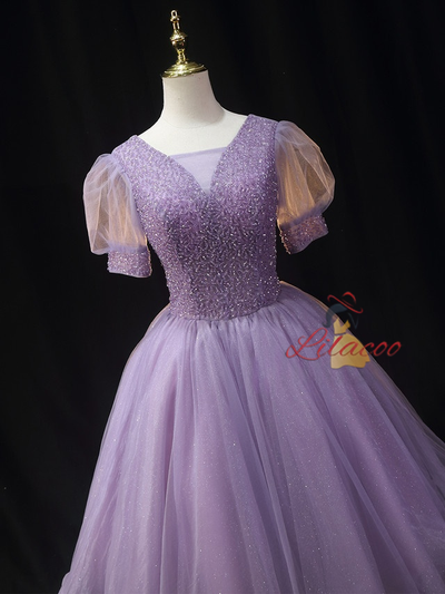 Purple Tulle Puff Sleeve Beading Homecoming Dress